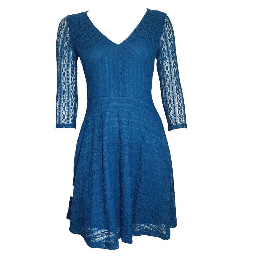 NWT LUSH Solid All‎ Teal Blue Lace Overlay Zip Back Dress Womens Size M Medium
